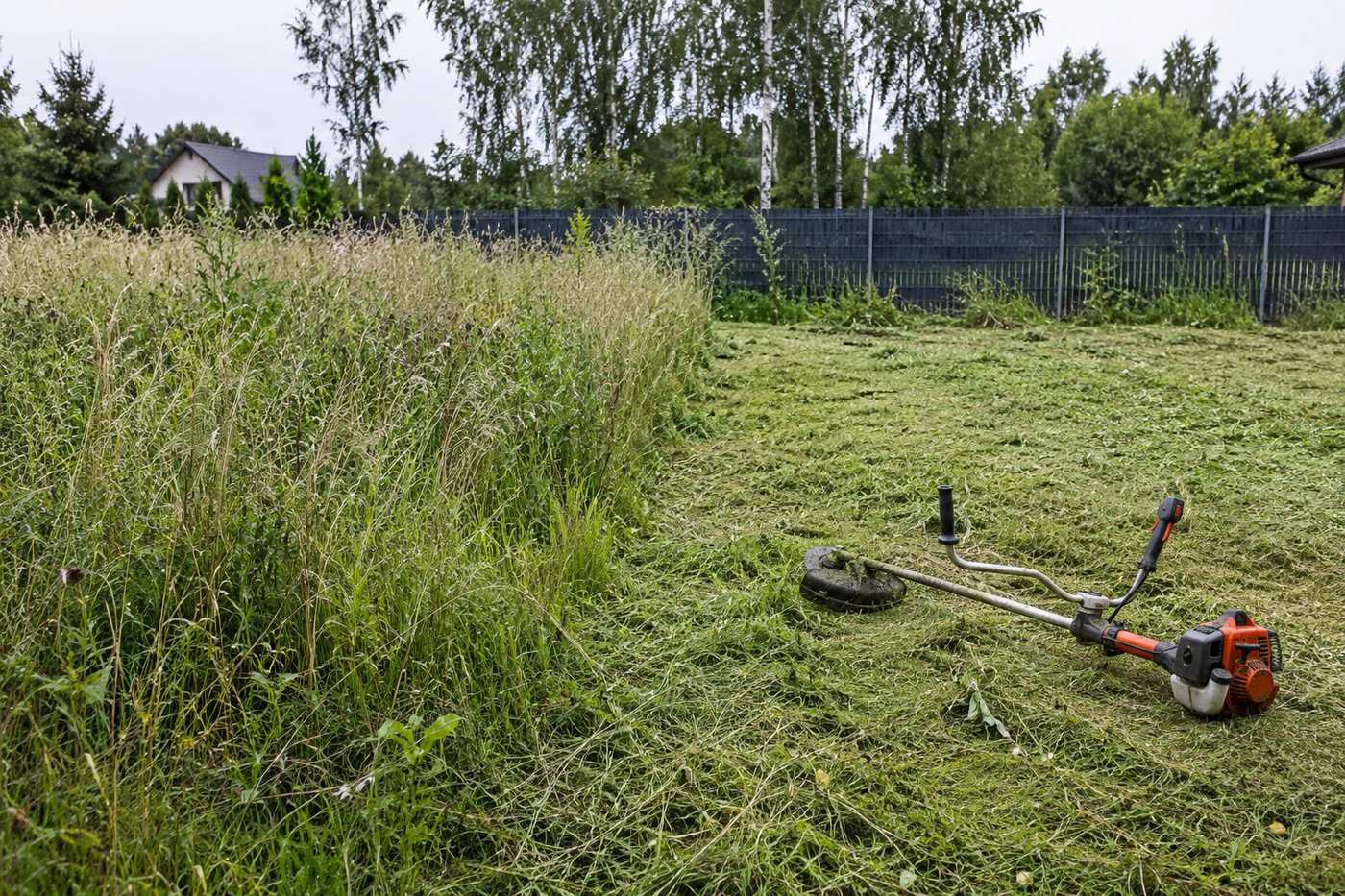 Działka w połowie wykoszona, kosa spalinowa na skoszonej trawie
