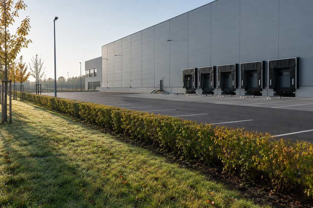 Skoszony pas trawy i żywopłot przed halą logistyczną z parkingiem